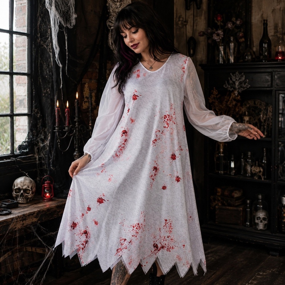 Zombie Bride Costume Dress Womens White Bloody Corpse Gown Halloween Scary Night